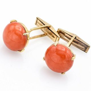 Vintage 14k Yellow Gold Round Red Coral Cuff Links 10.  5 Grams