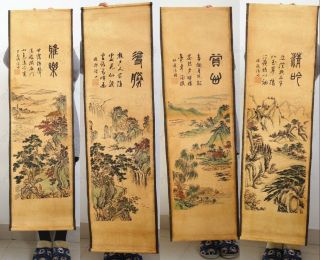 Hanging Chinese Vintage Reel Paper Mural,  Set Of Landscape Pavilion Painting