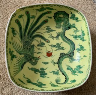 Antique 19th Century Chinese Porcelain Dish With Dragon And Phoenix Signed