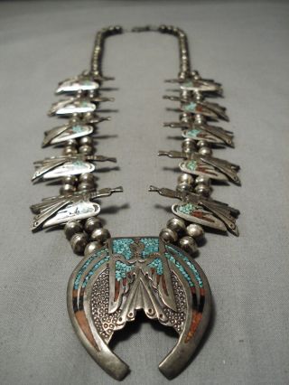 Rare Vintage Navajo Turquoise Coral Sterling Silver Bird Squash Blossom Necklace