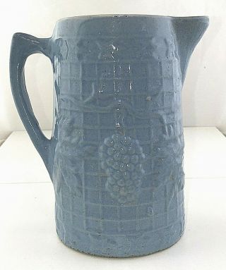 Antique White Hall Stoneware Illinois Pottery 8 1/4 " Grape Trellis Blue Pitcher
