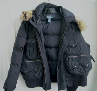 Vtg Polo Ralph Lauren Utility Down Jacket Sz Large Coyote Fur Waterfowl Leather