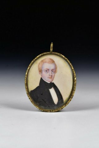 19th Century Miniature Portrait Painting Of Young Man In Early Mourning Frame