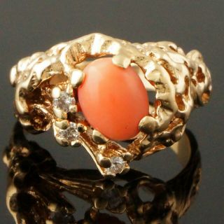 Form Solid 14k Yellow Gold,  Natural Coral & Diamond Lady 
