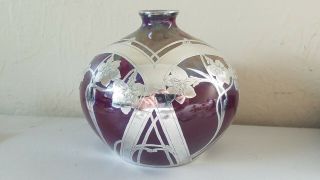 Rare Vintage Shreve Crump & Low Co.  Iridescent Glass Fine Silver Overlay Vase