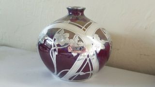 RARE Vintage SHREVE CRUMP & LOW Co.  Iridescent Glass Fine Silver Overlay Vase 2