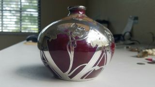 RARE Vintage SHREVE CRUMP & LOW Co.  Iridescent Glass Fine Silver Overlay Vase 3