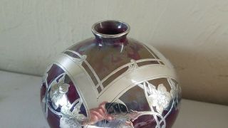RARE Vintage SHREVE CRUMP & LOW Co.  Iridescent Glass Fine Silver Overlay Vase 4