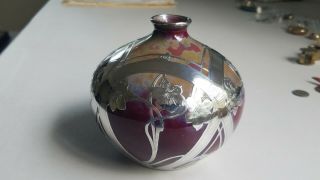 RARE Vintage SHREVE CRUMP & LOW Co.  Iridescent Glass Fine Silver Overlay Vase 5