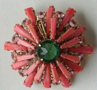 Vintage 2.  5 " Designer Signed Schreiner Coral Emerald Pink Rhinestone Dome Brooch