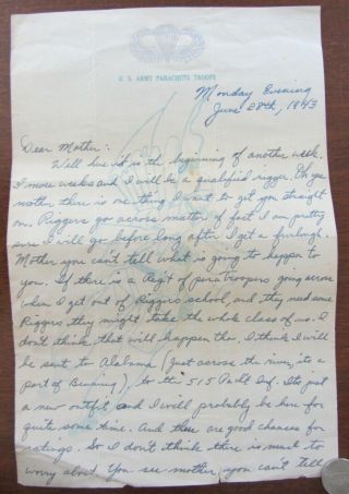 Wwii Letter 517th Parachute Inf.  17th Airborne,  Rigger Paratrooper Going Across
