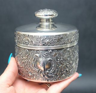 19thc Antique Victorian,  Gorham Repousse Sterling Silver Dresser Powder Jar Box