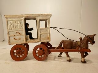 Vintage Cast Iron Toy Fresh Milk Wagon With Horses And Milk Man 10.  1/2