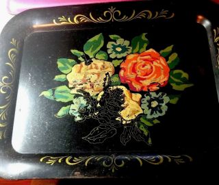 Vintage Black Toleware Tray Floral Design Painted Large Tray 13 X 18 Inches