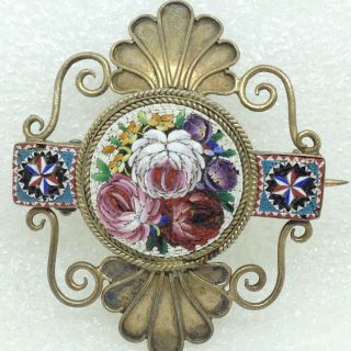 Vintage Micro - Mosaic Ornate Flower Star Brooch Pin Glass Tile C - Clasp Jewelry