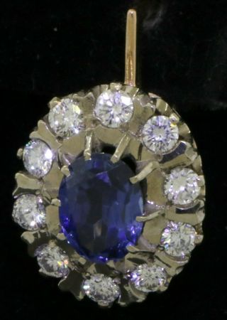 Russian vintage 14K 2 - tone gold 4.  60CTW diamond/7.  7 X 5.  7mm Blue gem earrings 2