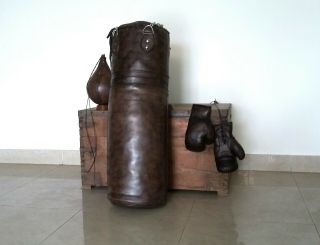 Vintage Dark Brown Leather | Boxing Gym Punch Bag,  Gloves,  Punch Ball & Fitting