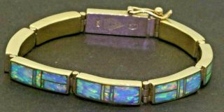 Designer Vintage Heavy 14k Gold Opal Inlay Fancy Link Bracelet