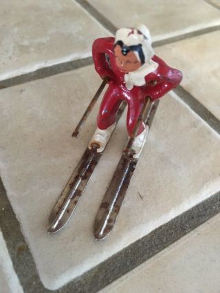 Old Metal Toy Winter Scene Figure Red Girl On Skis 2 1/4 " Barclay Skier 1950s