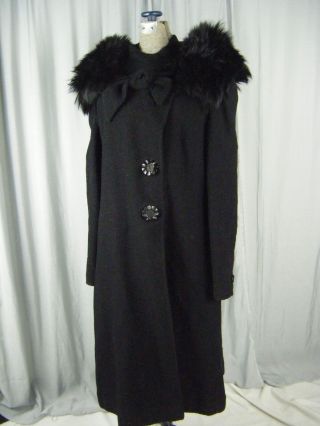 Betty Rose Vtg 40s Black Wool Coat W/removable Fox Collar - Bust 40/m - L