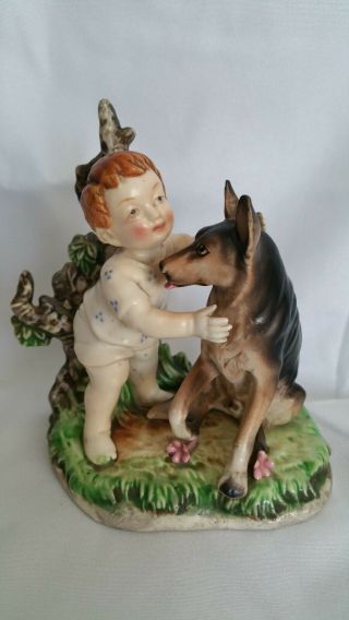 Antique Vintage Porcelain Figurine Boy Child With Dog