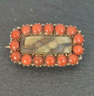 Antique Georgian 9ct Rose Gold Coral & Braided Hair Mourning Brooch T0436