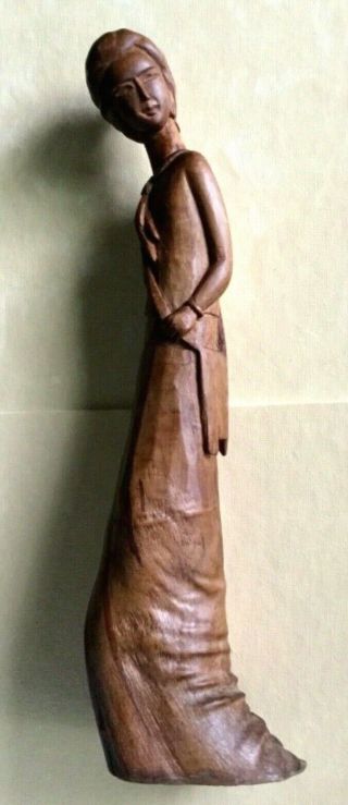 Vintage Asian Hand Carved Wooden Figural Sculpture - Woman In Long Dress 13 "