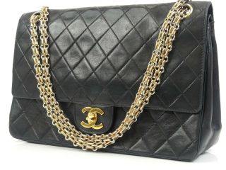 Ra1558 Auth Chanel Vintage Black Lambskin Cc Lock Double Flap Chain Shoulder Bag