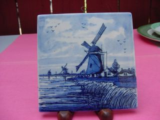 Vintage Handpainted Delfts Ceramic Tile With Windmill Scene