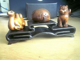 3 Tier Carved Iron Wood Stand For Netsuke,  Snuff Boxes / Small Collectables.  1