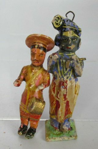2 Vintage Wood Hand Carved Hindu God Goddess Deity Figures Miniature Folk Art