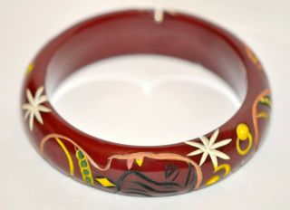 Unusual Carved Bakelite Bangle Bracelet With Lady Faces
