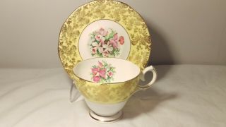 Queen Anne Yellow And Gold With Pink And Green Florals Cup And Saucer Set
