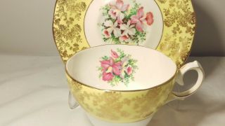 Queen Anne Yellow and Gold with Pink and Green Florals Cup and Saucer Set 2