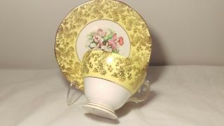 Queen Anne Yellow and Gold with Pink and Green Florals Cup and Saucer Set 3