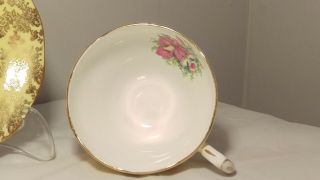 Queen Anne Yellow and Gold with Pink and Green Florals Cup and Saucer Set 4