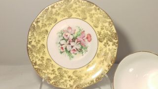 Queen Anne Yellow and Gold with Pink and Green Florals Cup and Saucer Set 5