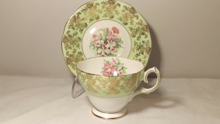 Queen Anne Green And Gold With Pink And Green Florals Cup And Saucer Set