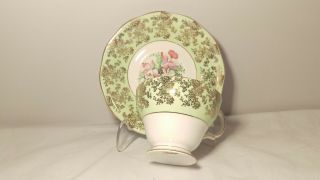 Queen Anne Green and Gold with Pink and Green Florals Cup and Saucer Set 2