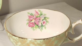 Queen Anne Green and Gold with Pink and Green Florals Cup and Saucer Set 3