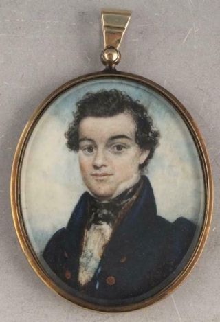 19th C Miniature Portrait Of A Young Man In A 14k Gold Pendant Frame