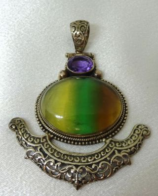 Vintage Large Banded Agate And Amethyst Sterling Filigree Pendant