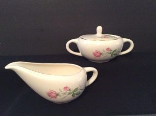 Vintage Porcelain Covered Sugar Bowl & Creamer Set Pink Floral Gold Trim