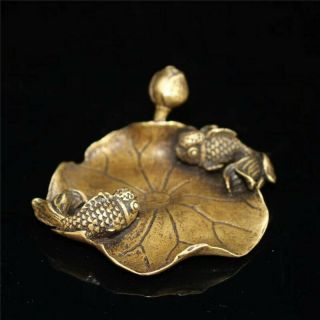 Collect Old Chinese Pure Copper Hand - Made Lotus Leaf Fish Stick Incense Holder