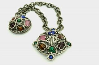 Authentic Dior Vintage Brooch Stone Chain Rare Double Pin Silver Tone Cd Logo