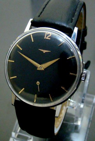 Vtg 1962 Longines 370 Ss Mens Watch Black Dial Ref: 7449 - 1 Second At Six