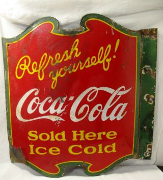Rare - Antique - 1930s - Coca - Cola - Refresh - Yourself - 2 - Sided - Porcelain - Flange - Sign