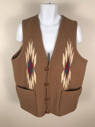 Ortegas True Vintage Brown 100 Wool Chimayo Aztec Southwest Vest Sz Xl