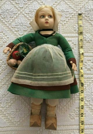 Vintage Antique Lenci Or Lenci Type Dutch Girl Felt Doll Wooden Shoes