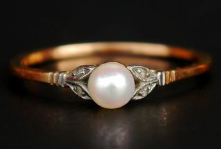 Antique Art Deco Ring solid 18K Gold Pearl Diamonds ØUS 7.  25 / 1.  3g 2